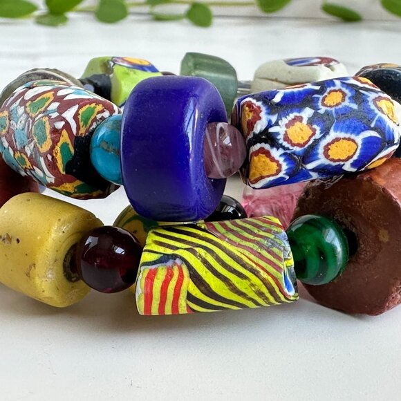 Venetian Millefiori Beads, African Trade Beads, Gemstone Memory Wire Bracelet - Picture 4 of 12
